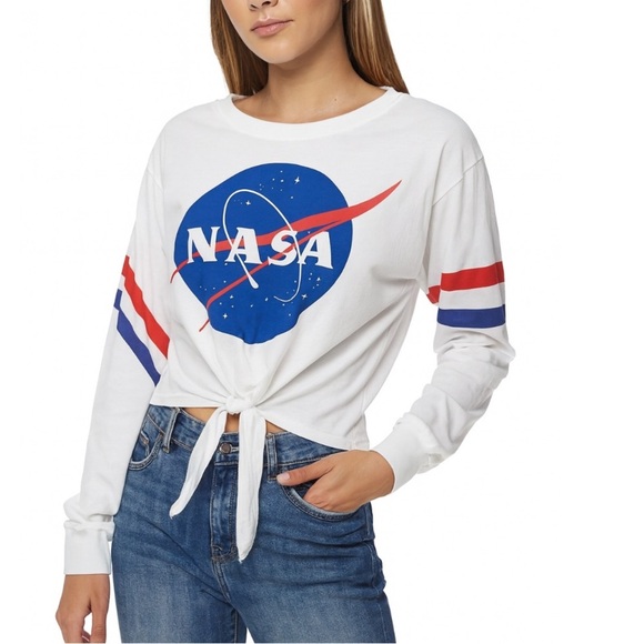 Buzz Aldrin NASA Cropped Shirt Women's Long Sleeve White SZ XL front tie USA - Picture 1 of 7
